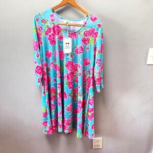 Simply Southern Womens Floral Print Dress Medium‎ Aqua & Pink Rose Pattern